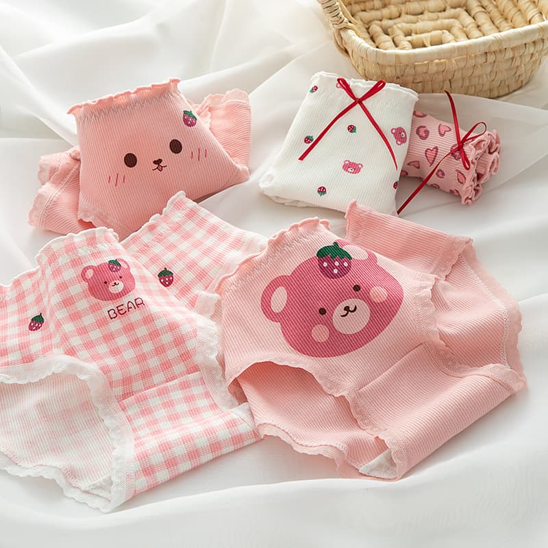 Fuchsia Cartoon Strawberry Cotton Trousers with Little Bears