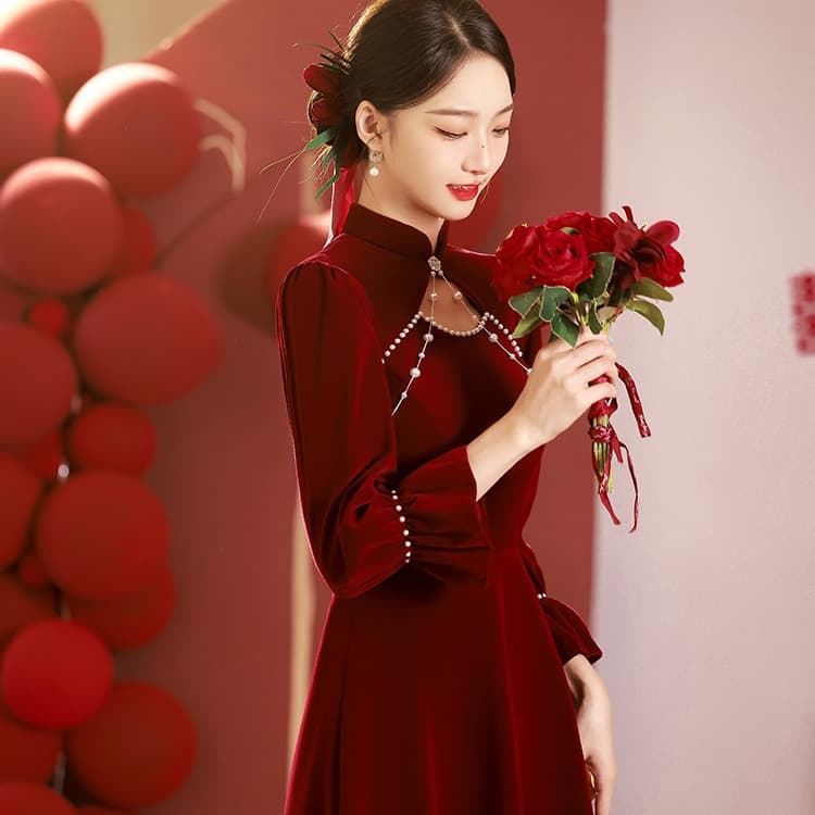 Evening dress, cheongsam, skirt, red winter wedding dress, long-sleeve 2