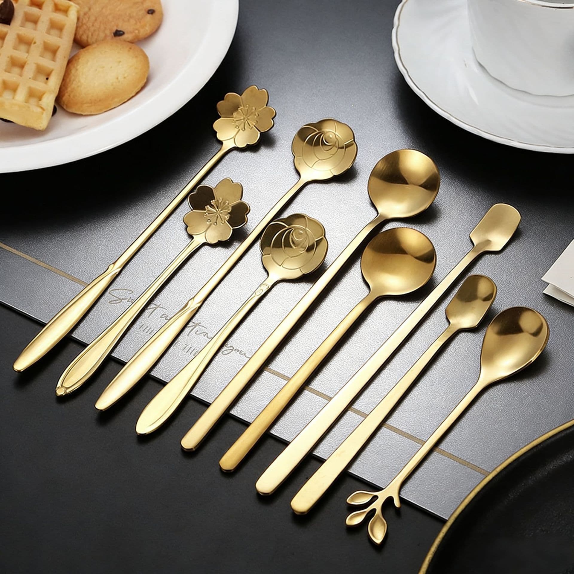 Stainless steel cherry blossom spoon all kinds of leaf spoons, golden round spoons, short -handle coffee spoons, long -handles, long -handle cup spoons 1