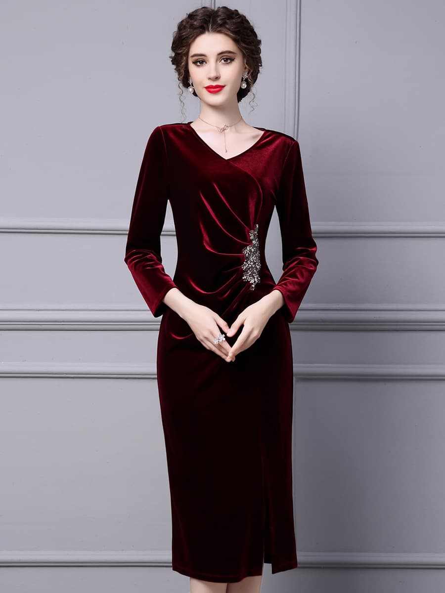 Velvet spring long dress, hip-accented 1