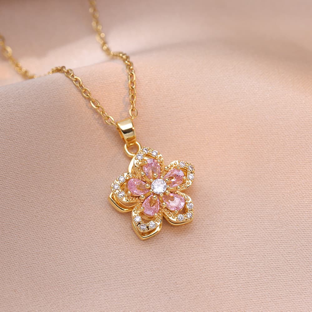 Necklace with zircon, fashionable design elegant pendant stainless steel, internet celebrity, flowered 3