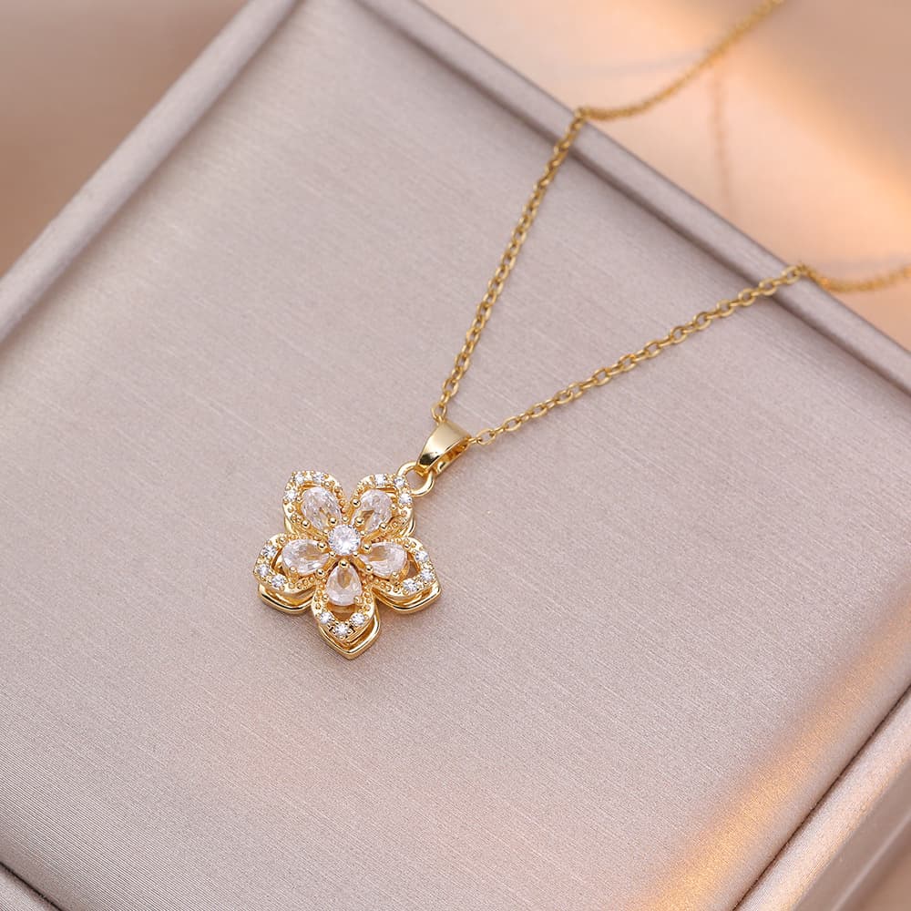 Necklace with zircon, fashionable design elegant pendant stainless steel, internet celebrity, flowered 4