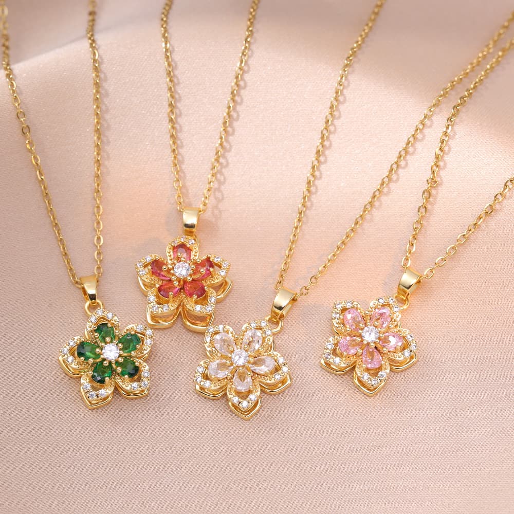 Necklace with zircon, fashionable design elegant pendant stainless steel, internet celebrity, flowered