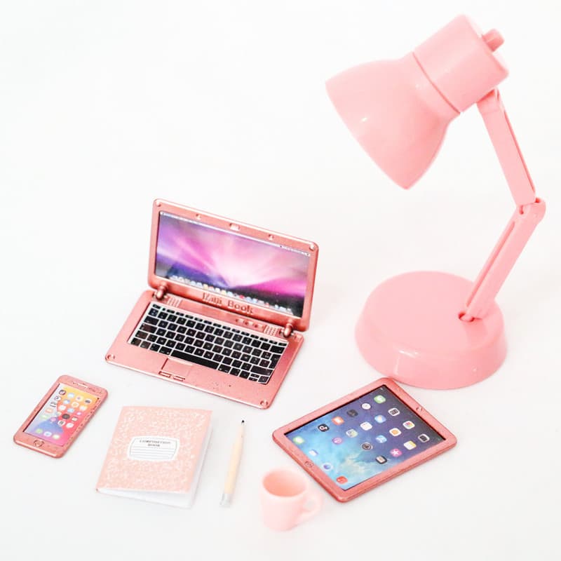 Small doll house, tablet mobile phone, folding realistic laptop, table lamp, set for office 2