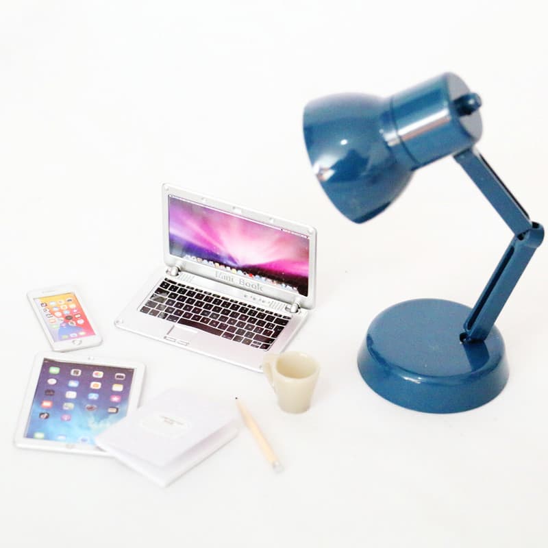 Small doll house, tablet mobile phone, folding realistic laptop, table lamp, set for office 5