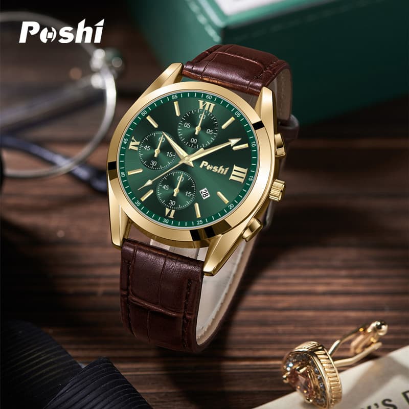 POSHI Fashionable quartz high-end waterproof watch, genuine leather 2