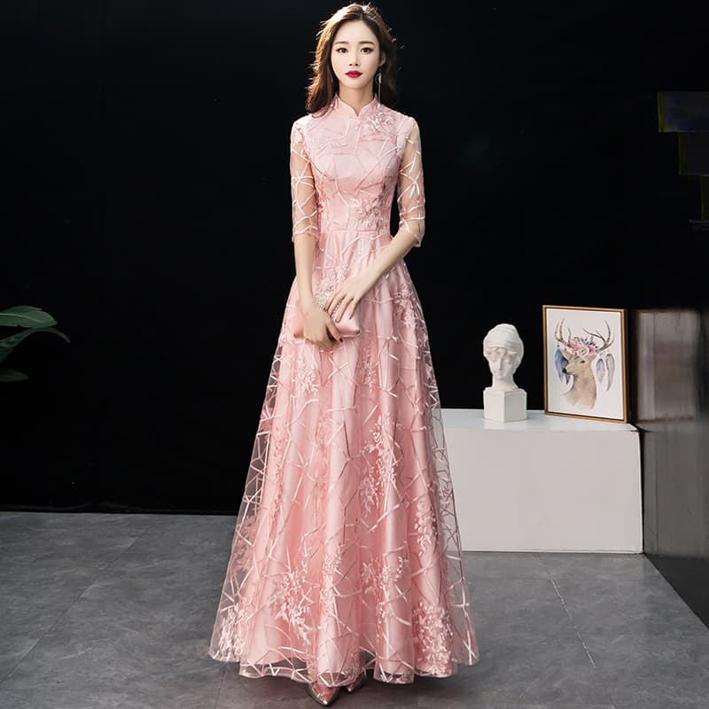 Bridesmaid dress, fuchsia colored long evening dress, simple cut, Chinese style, graduation party