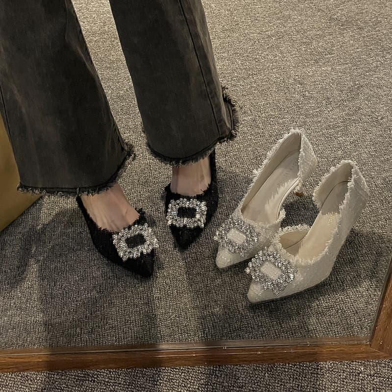 High heels for women 2025 summer new niche design French pointed toe shoes with slim heels small fragrance feng shui rhinestone single shoes