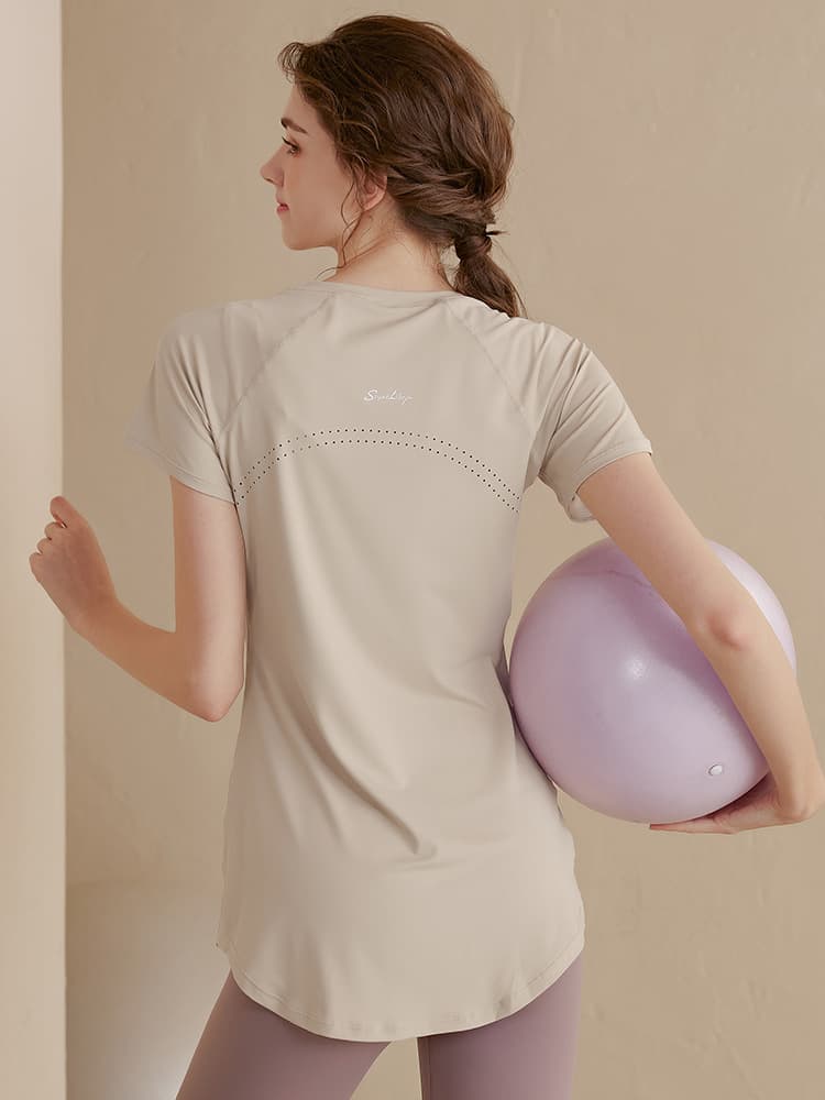 Long yoga clothing, sports summer short sleeve T-shirt for gym, mid-length, for running 5