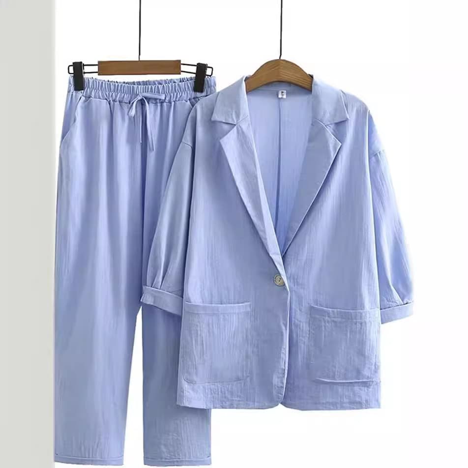 Autumn set, jacket, trousers for leisure, European style, cotton and linen, loose fit 2