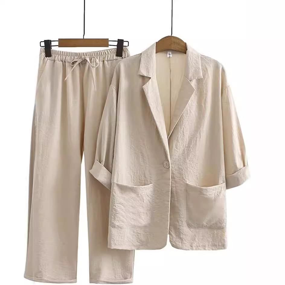 Autumn set, jacket, trousers for leisure, European style, cotton and linen, loose fit 3