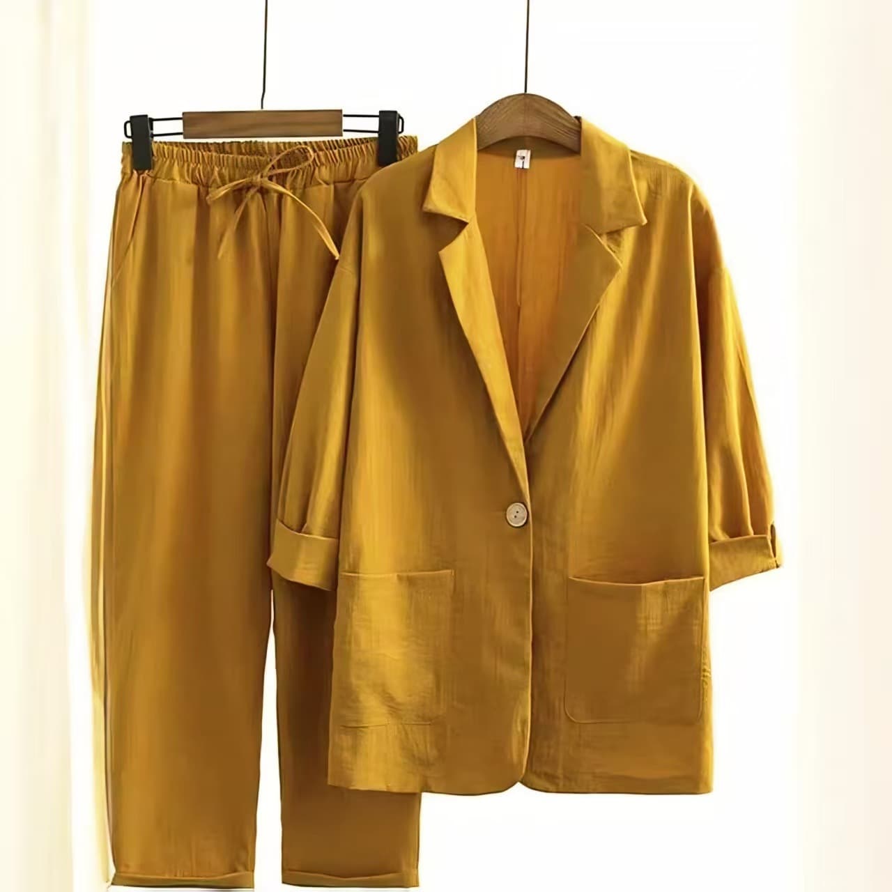 Autumn set, jacket, trousers for leisure, European style, cotton and linen, loose fit 4