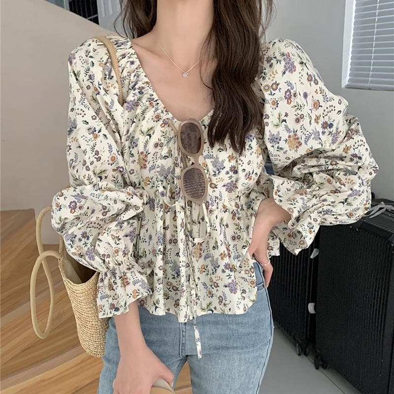 Korean design-soft floral one-shoulder drawstring design-sensory top for women looking slim and sweet shirt in summer 3