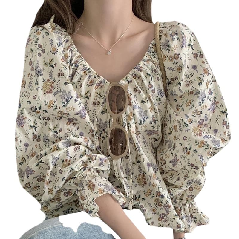 Korean design-soft floral one-shoulder drawstring design-sensory top for women looking slim and sweet shirt in summer 5