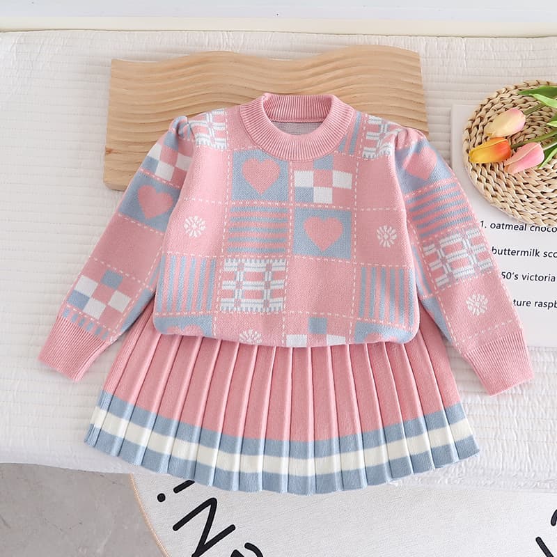 (Cross-border trading), sweater girl's, autumn girl's skirt, knitted cute set, geometric woolen dress 3