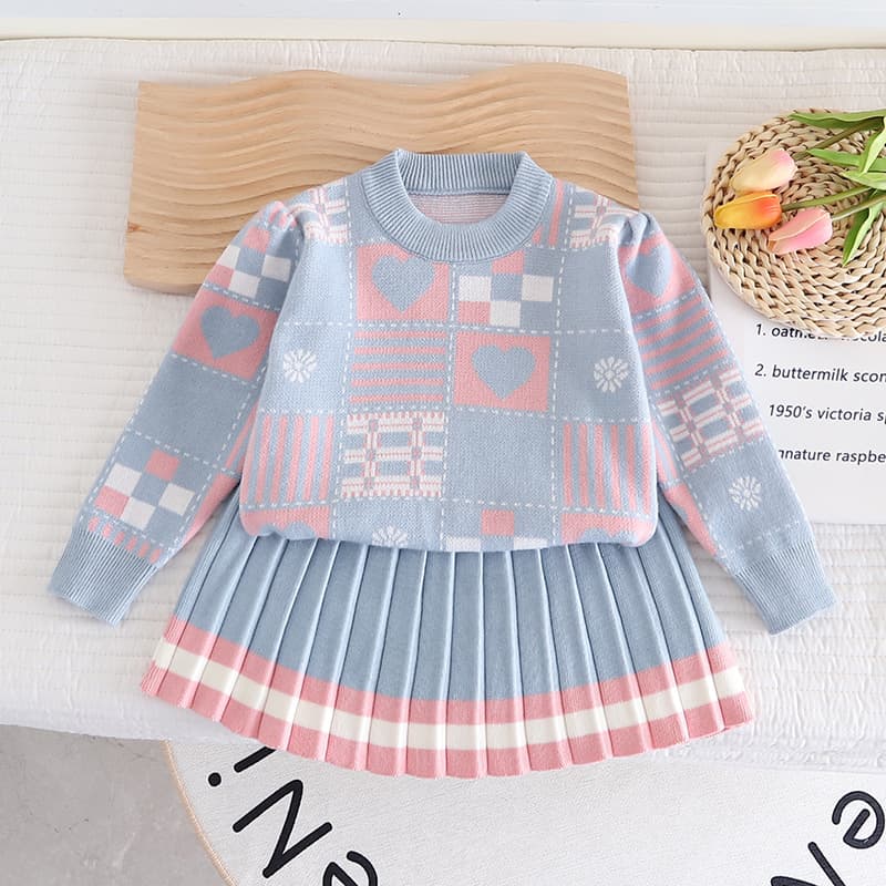 (Cross-border trading), sweater girl's, autumn girl's skirt, knitted cute set, geometric woolen dress