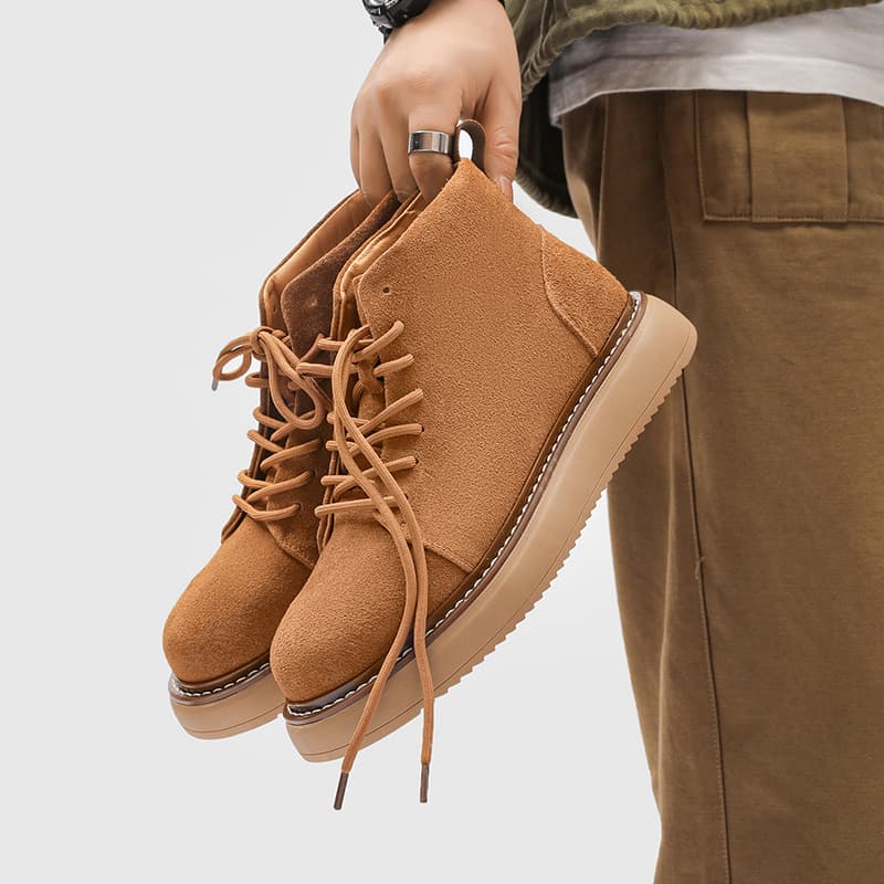 Fashion new style of men's mid-high top Martin boots genuine leather reverse velvet matte trendy shoes British style work boots yellow trendy shoes 1