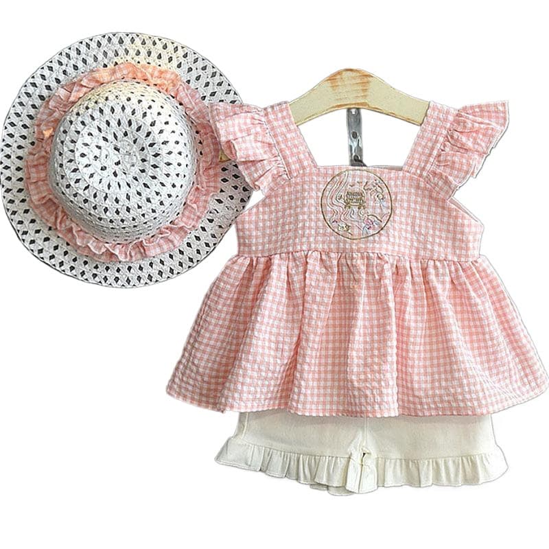 Girls' fashion set Children's clothing plaid vest top shorts and hats 1
