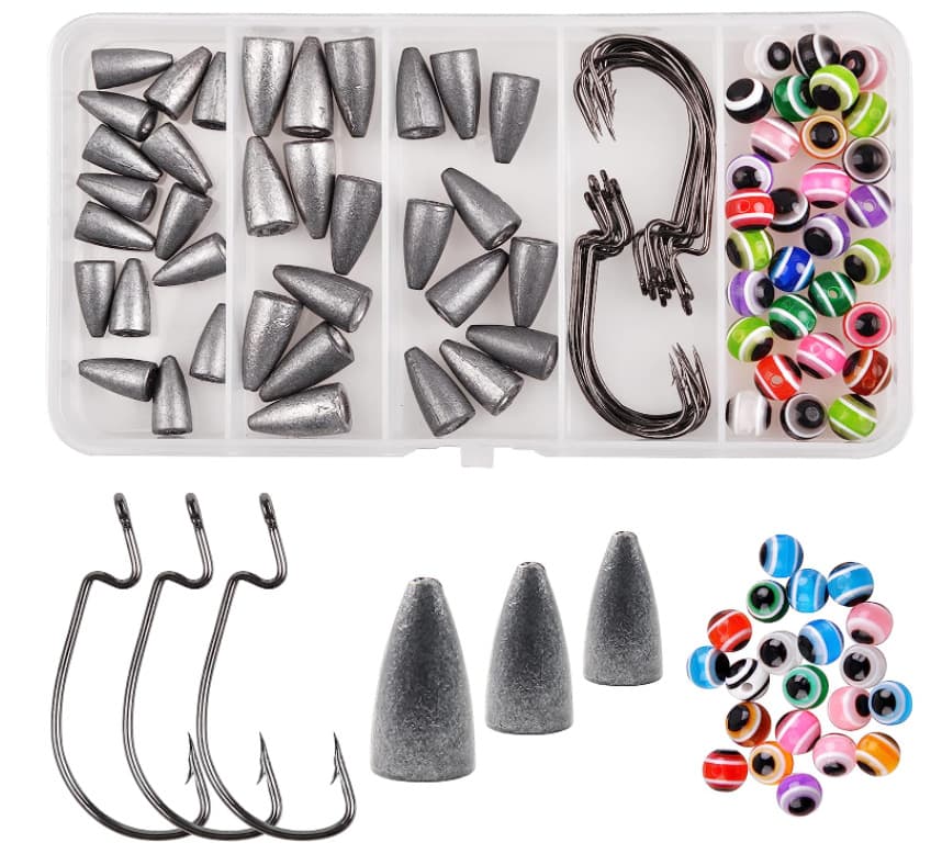 Bass fishing fishing set includes worms leading weight barrel rotating fishing beads separation ring offset worm hook