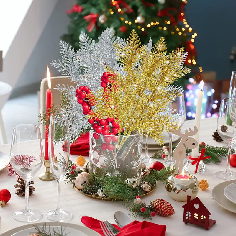 Cross-border Artificial Pine Needle Branches Glitter Leaves Christmas Flowers DIY Home Garden Decoration Wreath Arrangement 4