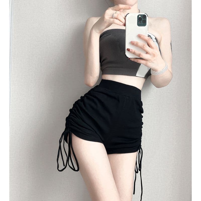 Black summer thin shorts, trousers for leisure, drawstring, high waist, for teenagers 3