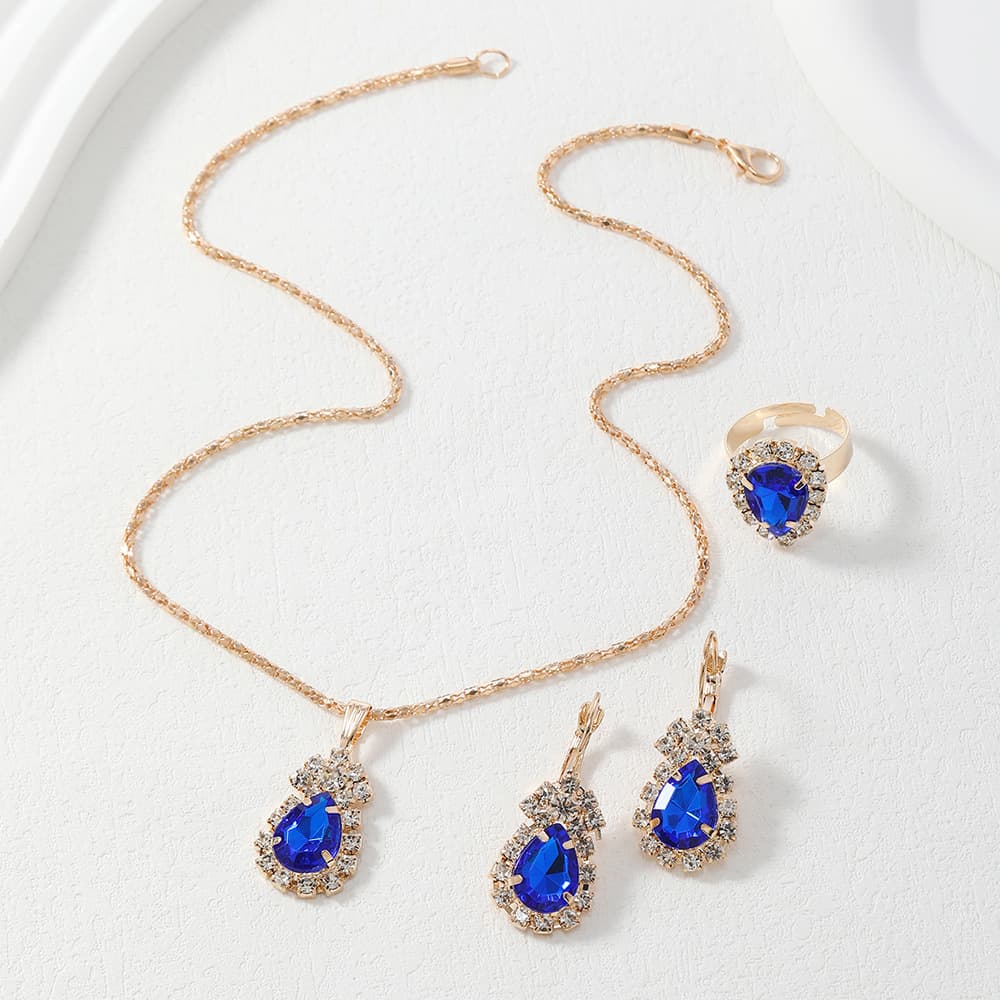 (Cross-border trading), design red blue set, wedding ring, necklace for bride, chain, high-quality style, bright catchy style, 3 piece set 4