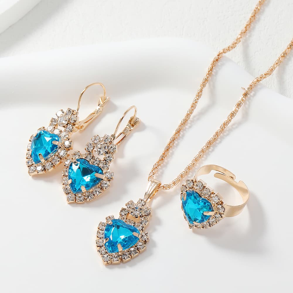 (Cross-border trading), design red blue set, wedding ring, necklace for bride, chain, high-quality style, bright catchy style, 3 piece set