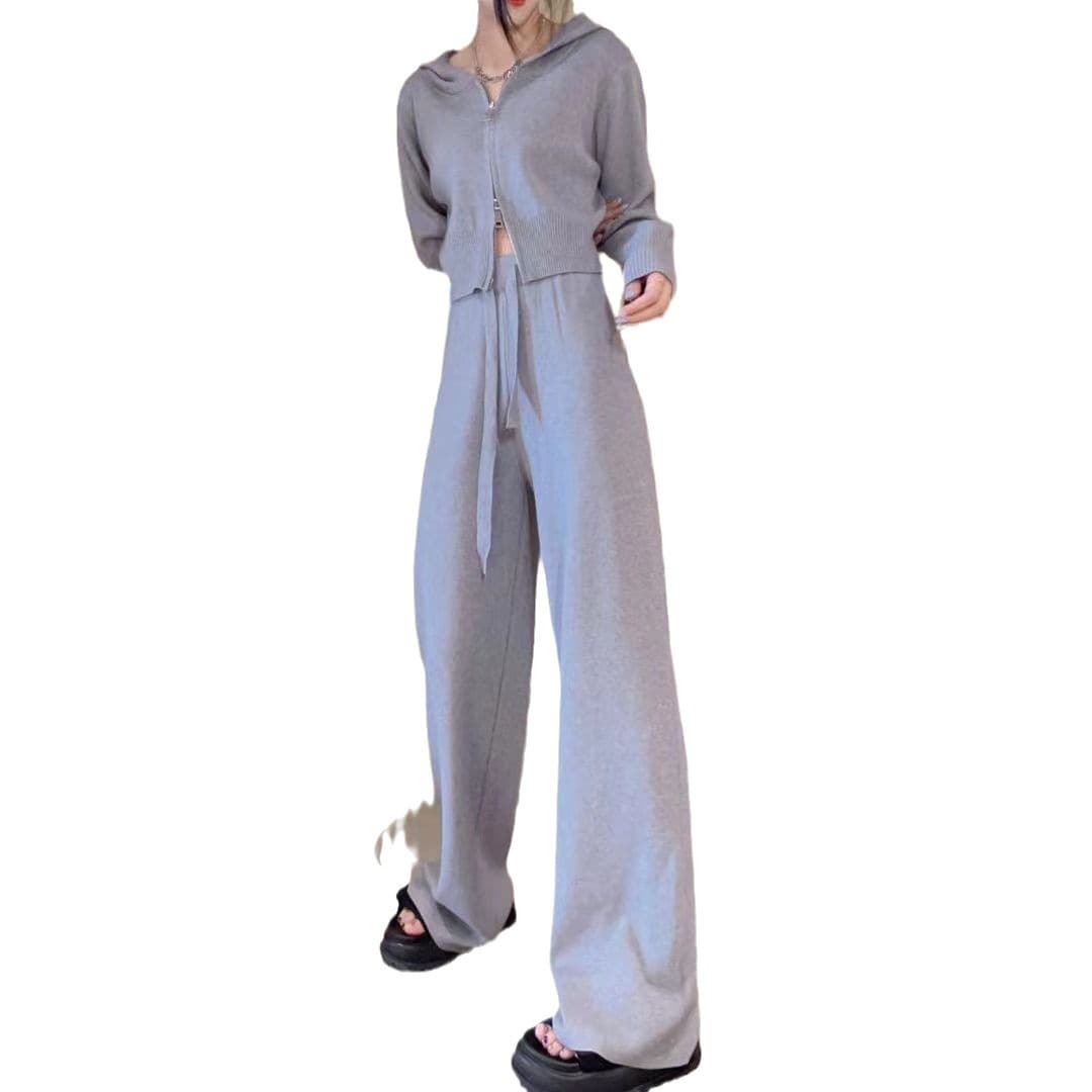 Cardigan with zipper, short T-shirt with hood, demi-season trousers, leggings, knitted universal set 5