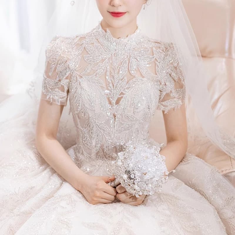 Bride's main wedding dress 2026 new bride's main yarn French heavy industry luxury retro texture starry sky long tail wedding dress 4
