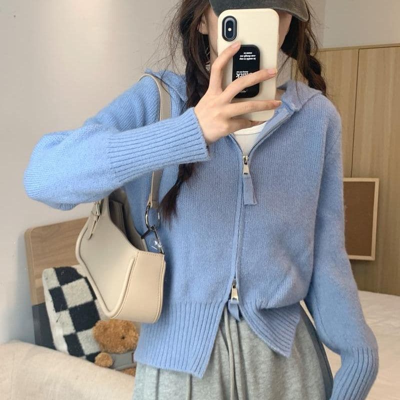 Autumn cardigan with zipper with hood, short sweater, jacket 2