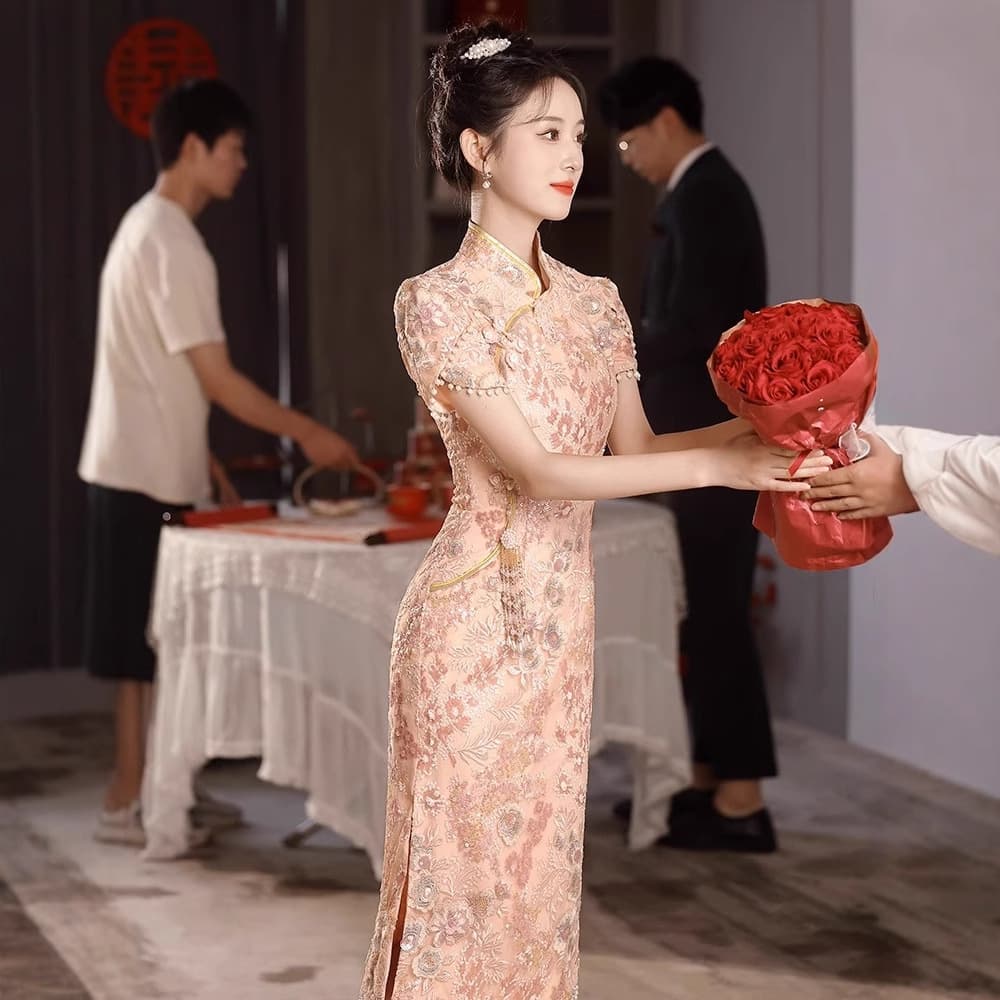 Fuchsia cheongsam, evening dress, spring wedding dress, high-quality style 2