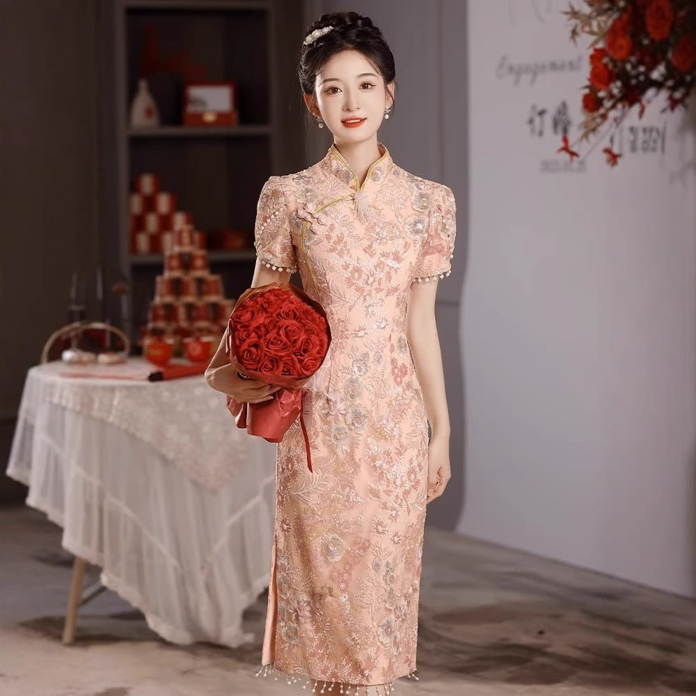 Fuchsia cheongsam, evening dress, spring wedding dress, high-quality style 3