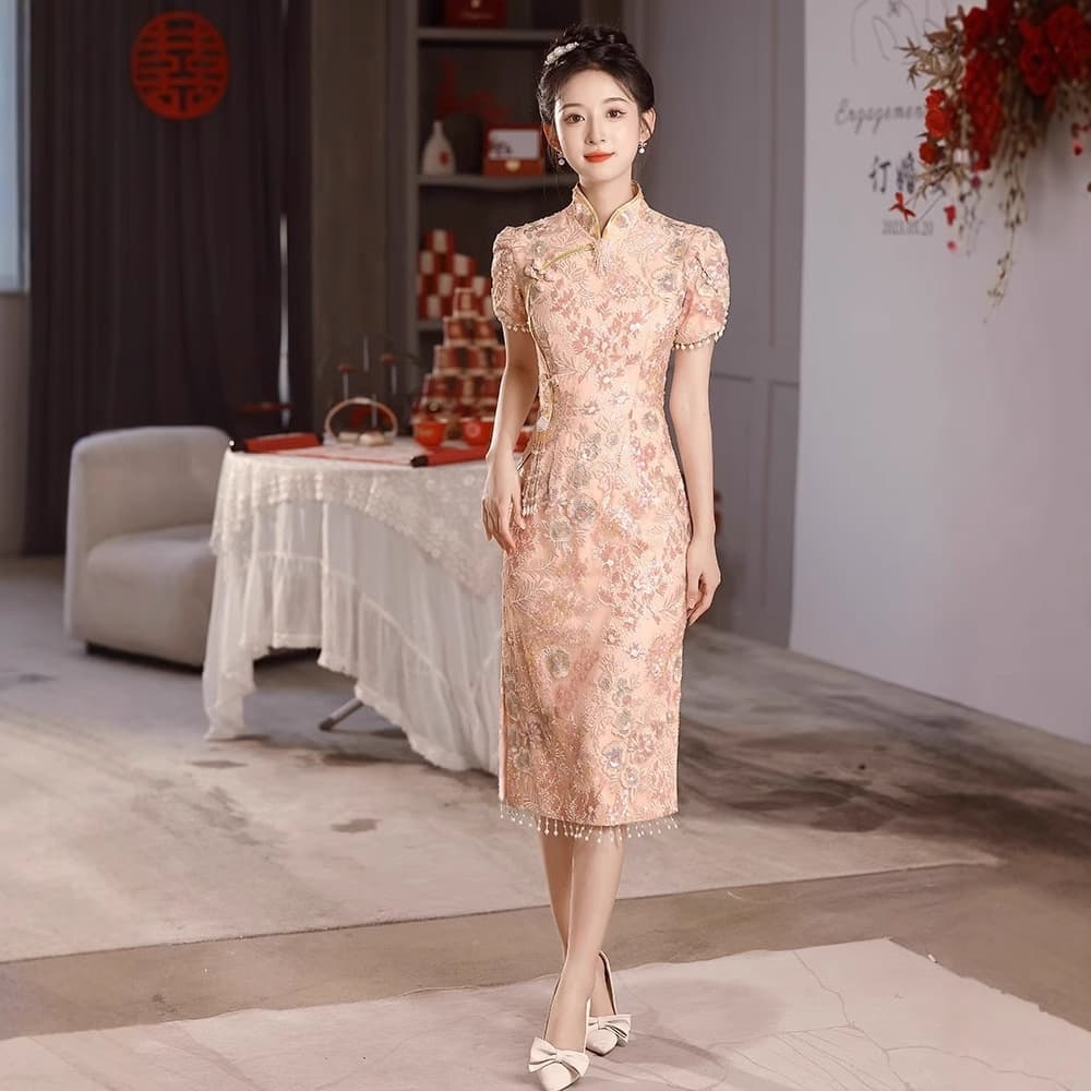 Fuchsia cheongsam, evening dress, spring wedding dress, high-quality style 4
