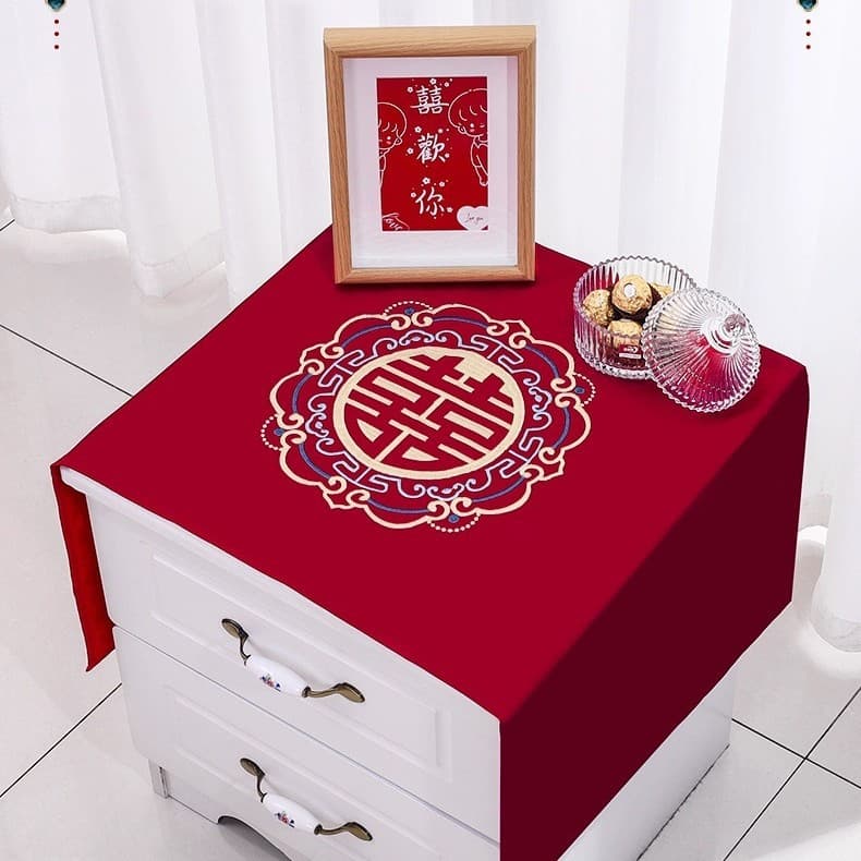 Chinese wedding bedside cabinet cover cloth wine red silk satin material wedding bedside cabinet dust -proof cloth wedding tablecloth 4