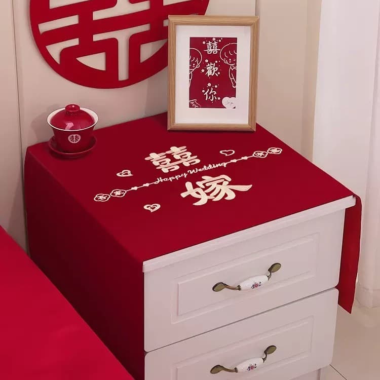 Chinese wedding bedside cabinet cover cloth wine red silk satin material wedding bedside cabinet dust -proof cloth wedding tablecloth 5