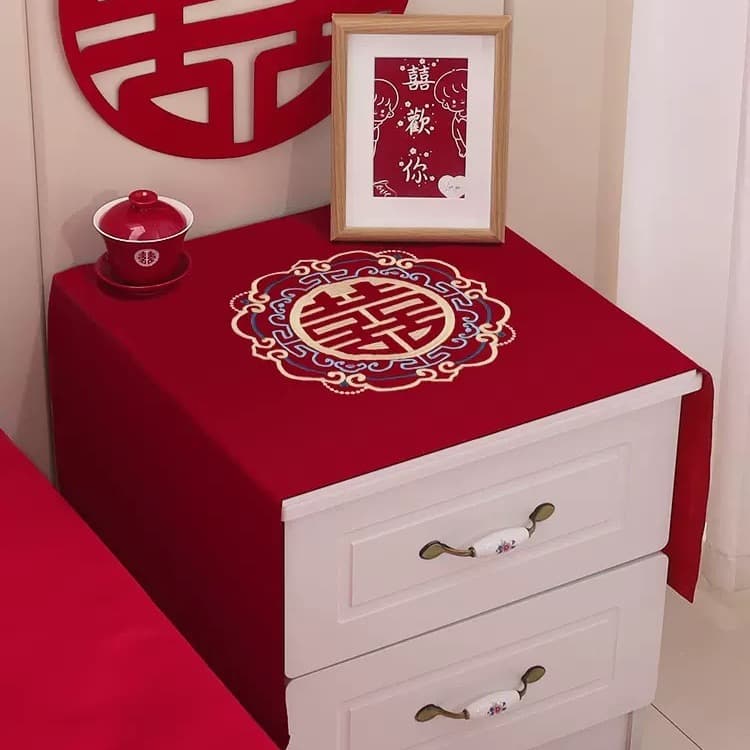 Chinese wedding bedside cabinet cover cloth wine red silk satin material wedding bedside cabinet dust -proof cloth wedding tablecloth 1