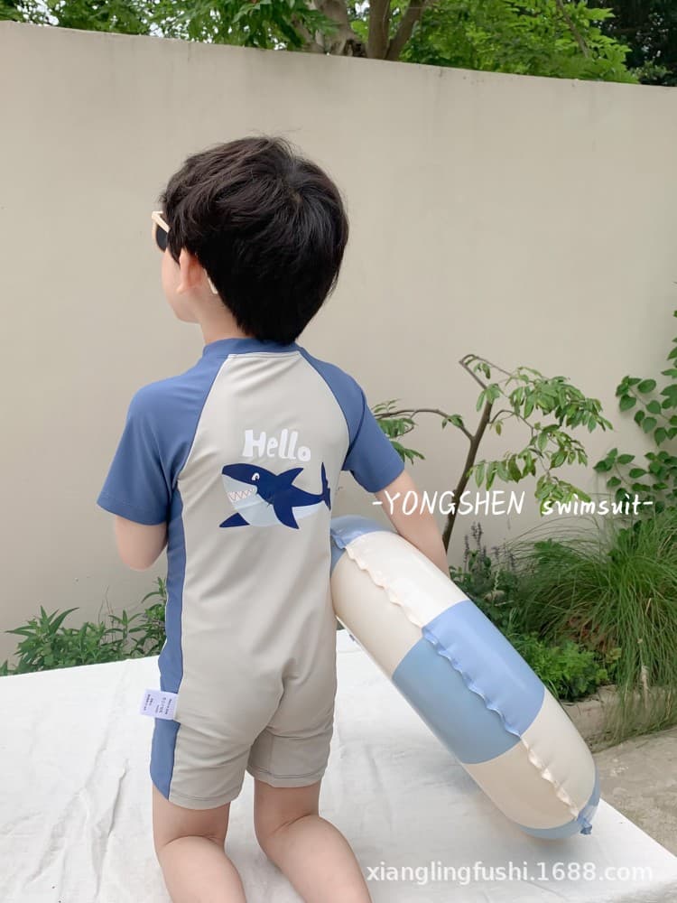 Children's swimwear for boys, summer cute quick dry shark, set, with short sleeve, sun protection