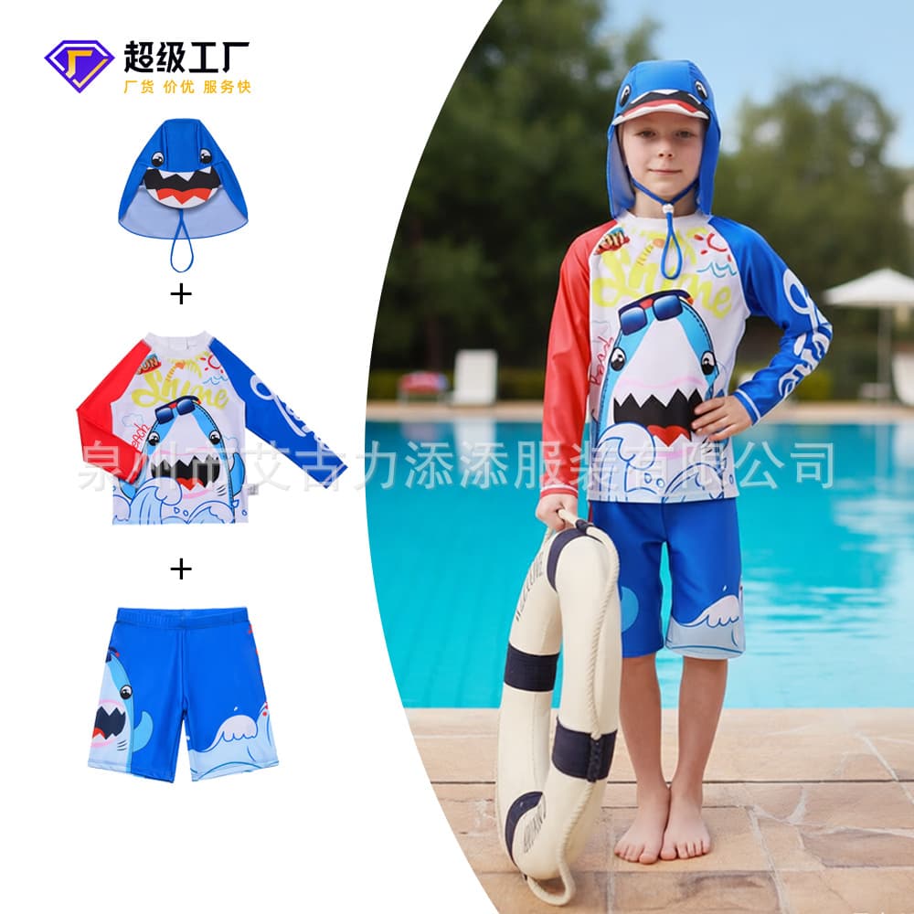(Wholesale), children's cartoon swimwear for boys, professional quick dry shark, sun protection, for teenagers 1