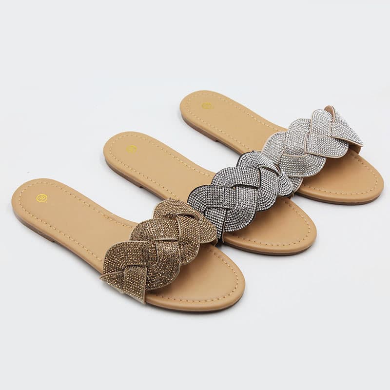 (Wholesale), casual wear-resistant summer women's slippers with rhinestones flat, suitable for outdoor wear 1