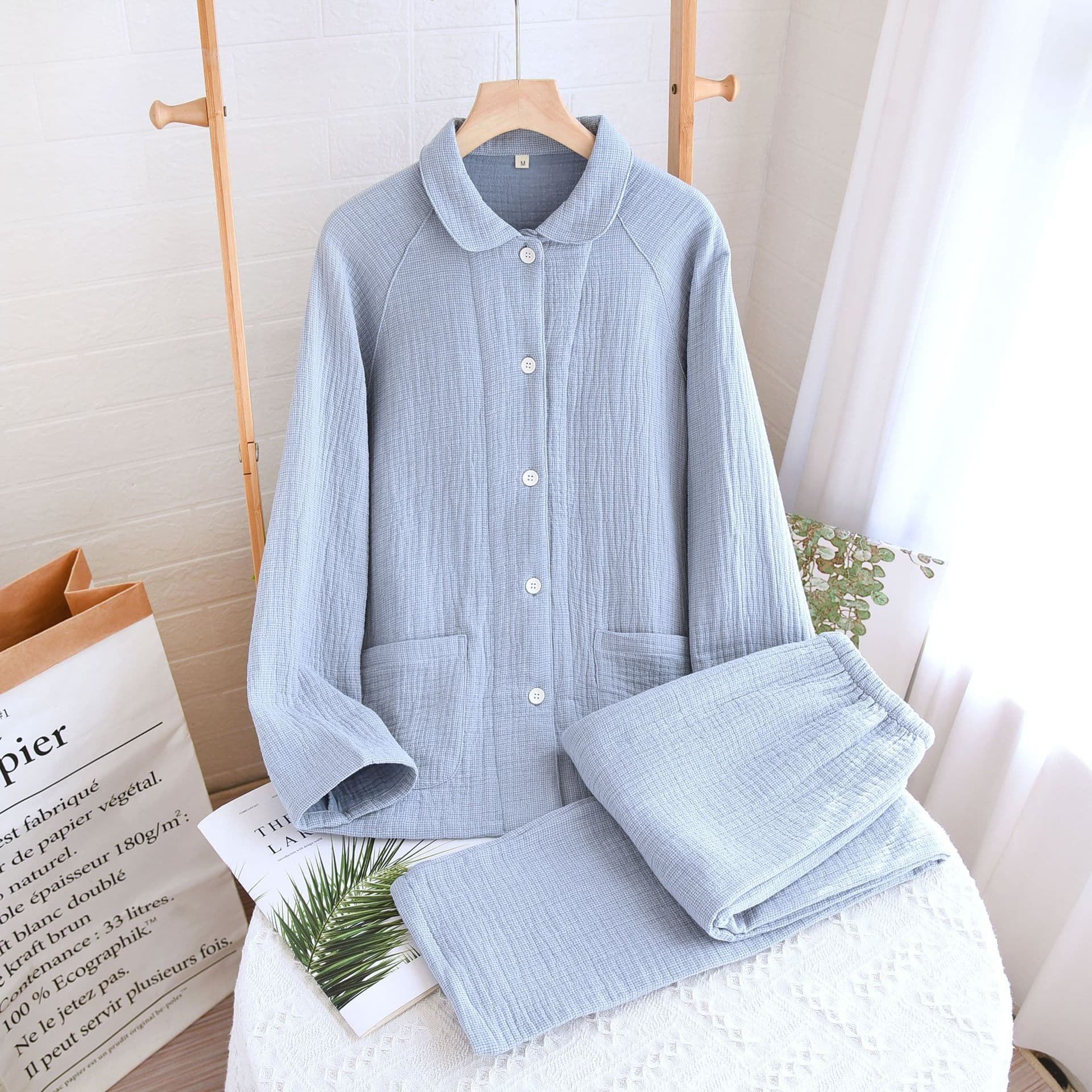 Autumn demi-season gauze pijama, trousers, long-sleeve, for beloved 4