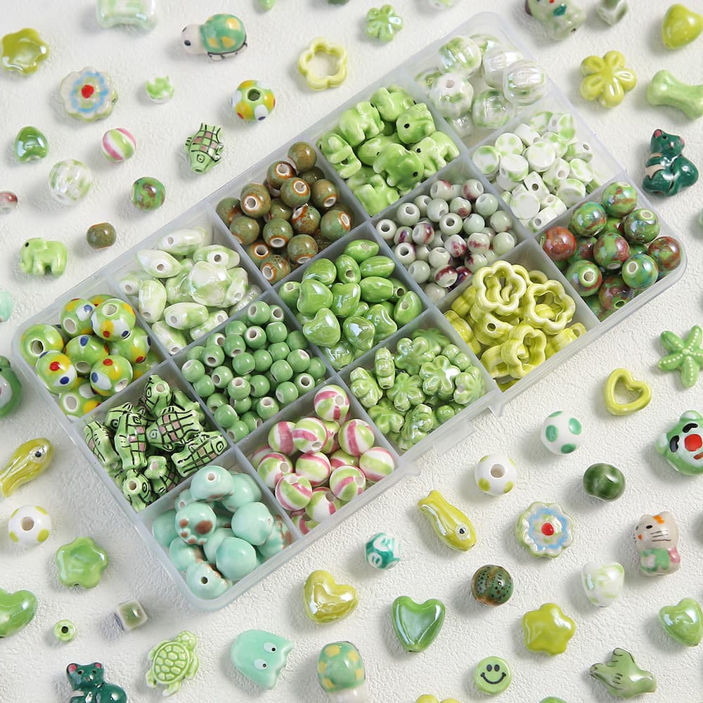 Fresh green ceramic cute beads, beaded bracelet, bag accessory, wide color palette, DIY