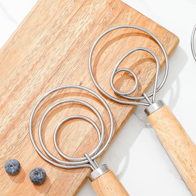 Egg whisk oak handle manual powder whisk flour whisk stainless steel dough coil mixer kitchen tools 2