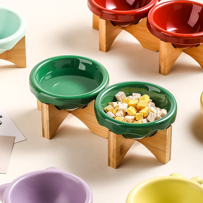 Cat bowl cat food pot ceramic cat food bowl bowl bowl food bowl pet flying saucepan BD wooden rack tall bowl rack cat drinks water 2