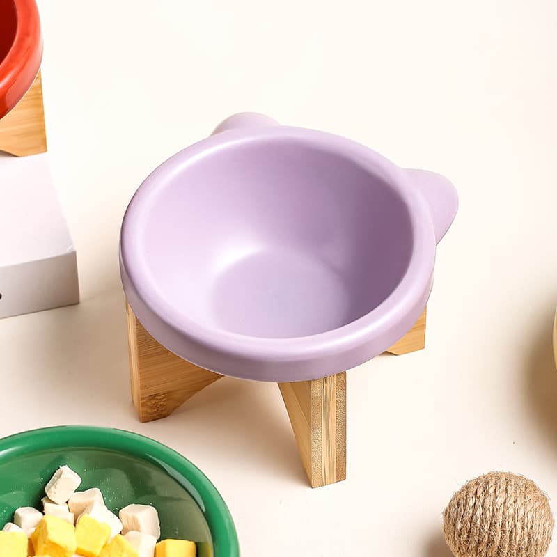 Cat bowl cat food pot ceramic cat food bowl bowl bowl food bowl pet flying saucepan BD wooden rack tall bowl rack cat drinks water 3