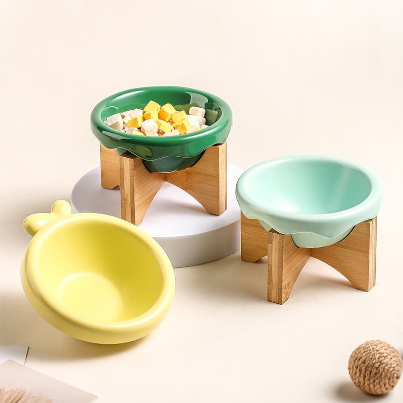 Cat bowl cat food pot ceramic cat food bowl bowl bowl food bowl pet flying saucepan BD wooden rack tall bowl rack cat drinks water 4
