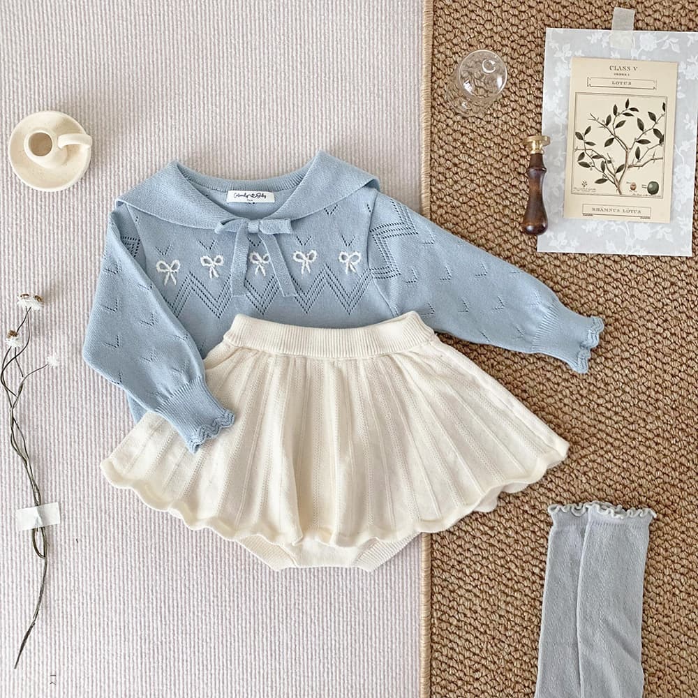Cutemily spring baby girl pullover hollow top treasure girl navy collar embroidery college style long sleeve thin knitted sweater 3