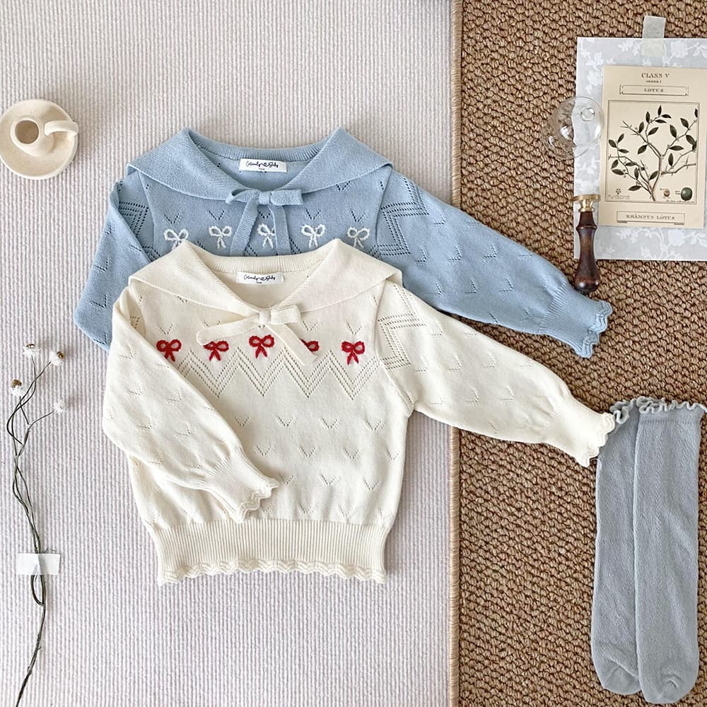 Cutemily spring baby girl pullover hollow top treasure girl navy collar embroidery college style long sleeve thin knitted sweater