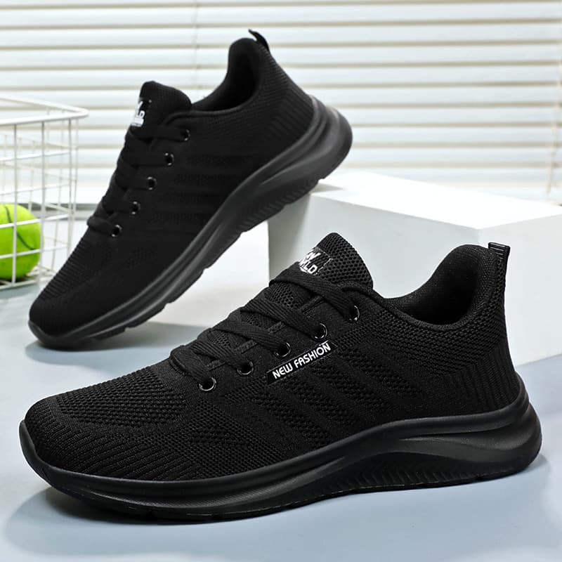 Breathable black sports lightweight casual footwear for leisure, simple and elegant design, for beloved, made with flyknit technology