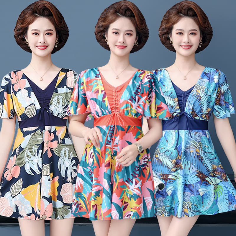 Hot spring plus size plus size swimsuit for women split boxer pants skirt style conservative middle-aged mother swimsuit for fat MM wholesale