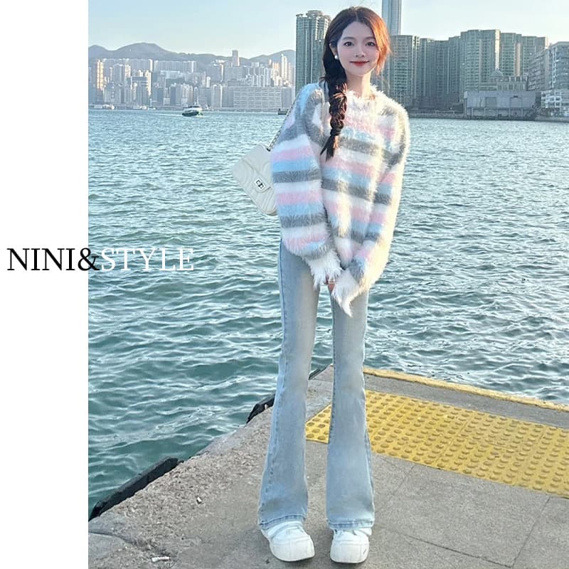 Blue autumn jeans, fitted Tabi, flared trousers, 2024 years, new collection, for teenagers 2